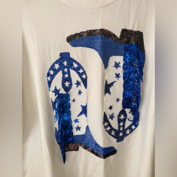 Queen Of Sparkles Boot Sequin Fringe Short Sleeve TShirt in Blue & White Size XL - Picture 5 of 5